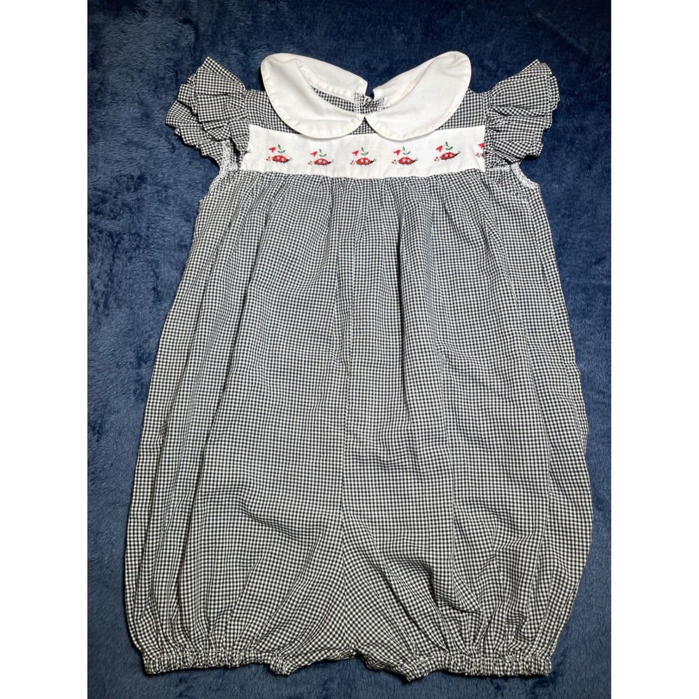 Sweet Impressions Gingham Ladybug Smocked Bubble Romper Peter Pan Collar‎ 24M
